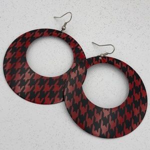 🌼 Red Black Houndstooth Drop Hoop Earrings